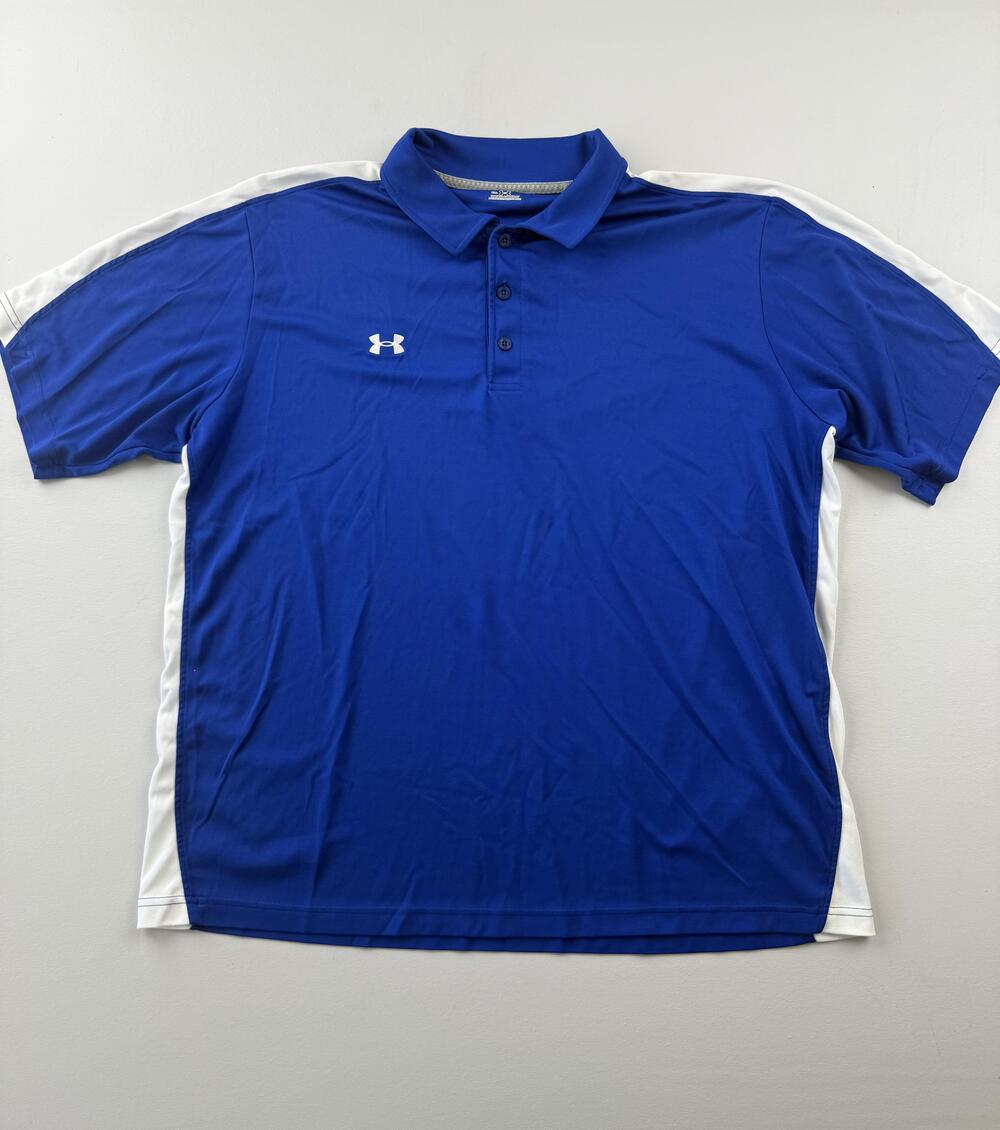 Under Armour Polo Shirt Mens 2XL Blue White Colorblock Golf Performance Knit